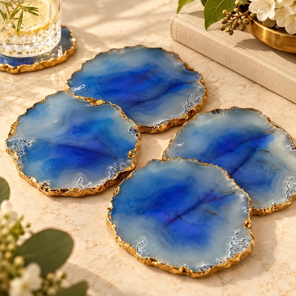 Godinger Gatherings Blue Agate Coasters Set of 4 Gold Edge Natural Stone